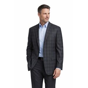 Jos A Bank Executive Sport Coat‎ Mens 46L Charcoal Gray Plaid Wool Blend Blazer